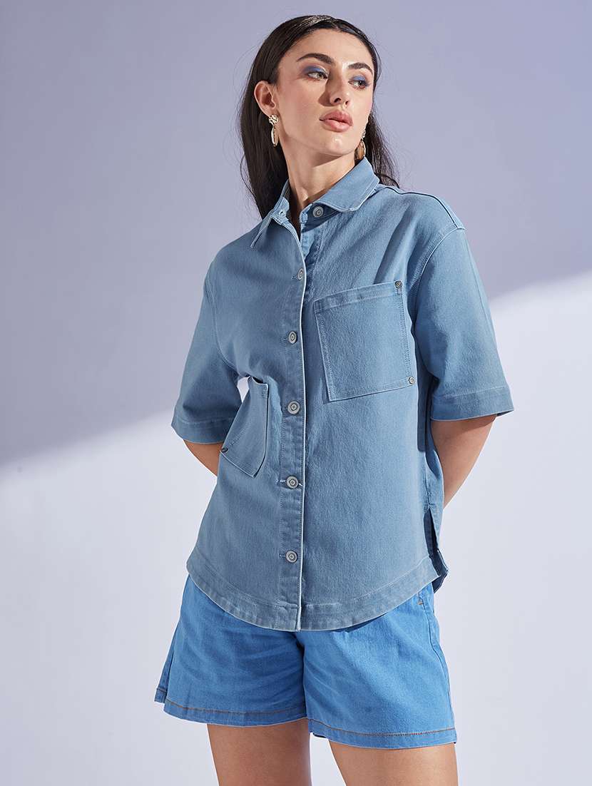 women solid collared short sleeve denim shirt - 22433469 -  Standard Image - 2