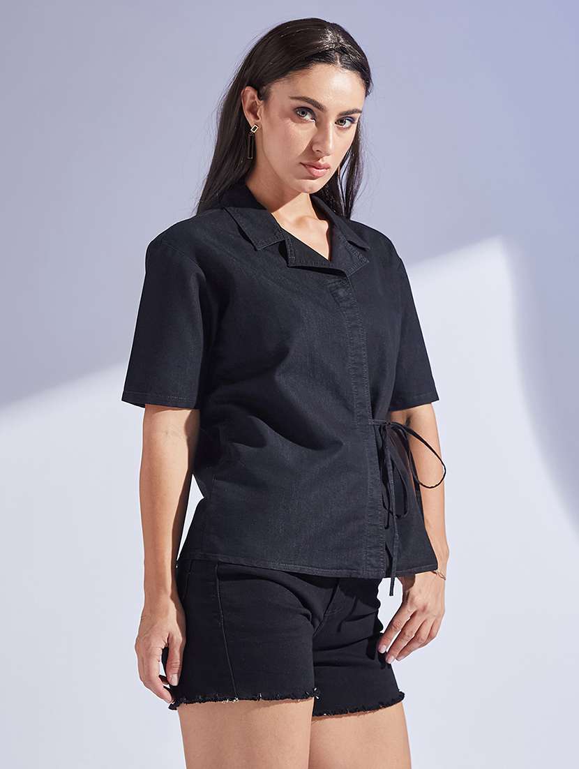 women solid lapel collar short sleeve shirt - 22433470 -  Standard Image - 2