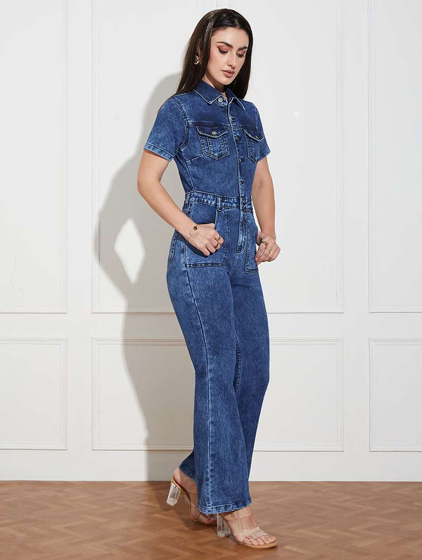 Women Solid Short Sleeve Collared Denim Jumpsuit - 22433486 -  Standard Image - 2