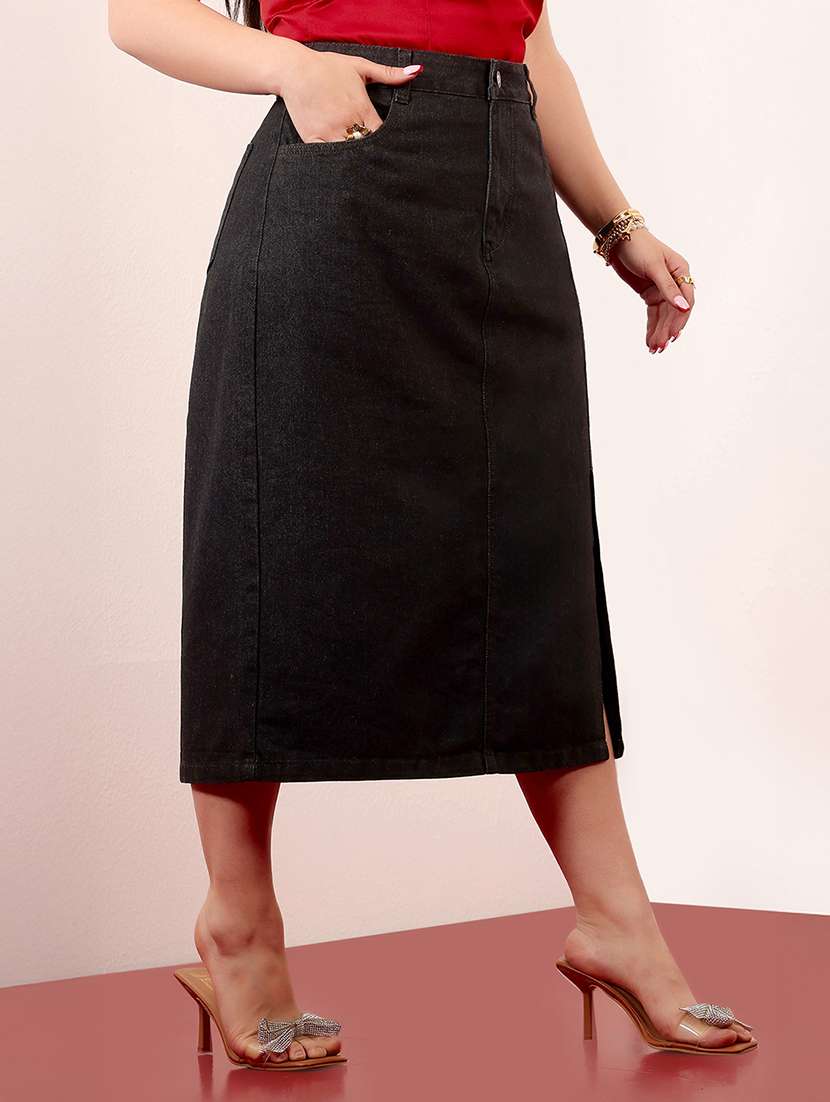 women solid high rise denim skirt - 22433530 -  Standard Image - 2