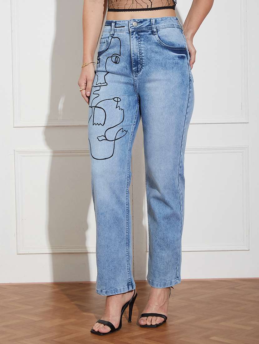 women printed high rise straight jeans