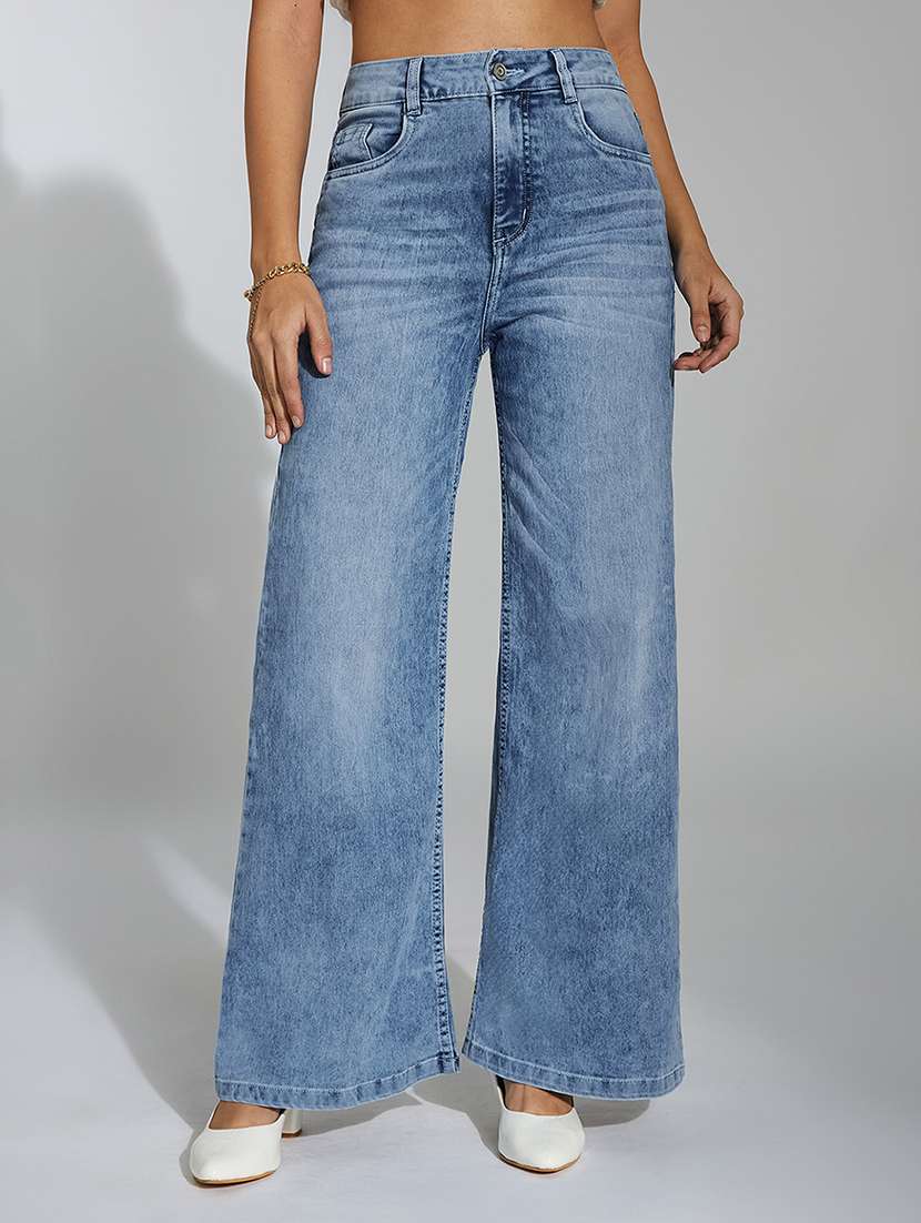 women solid high rise wide leg jean