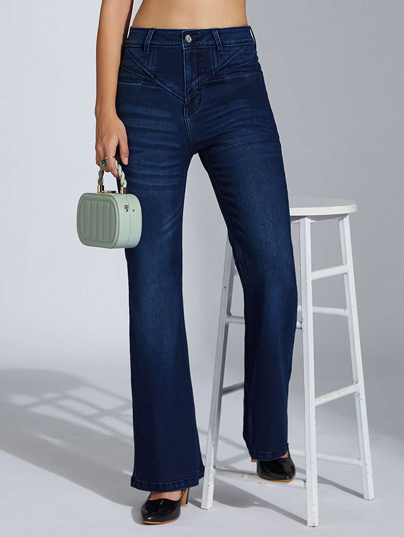women solid high rise bootcut jean