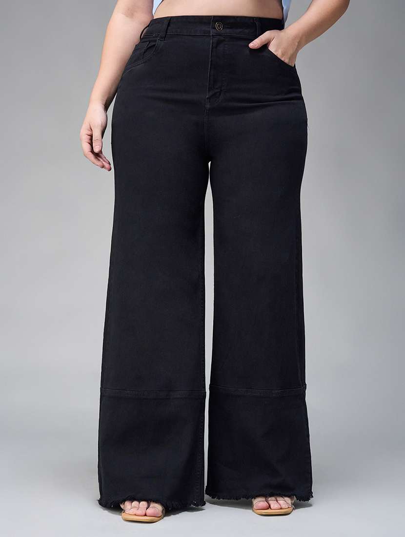 women solid high rise wide leg jeans