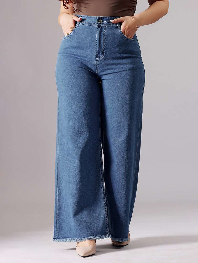women solid high rise wide leg jeans