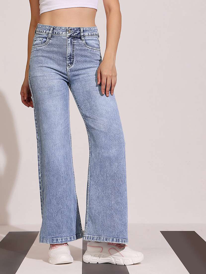 women blue denim plain wide leg high rise jeans - 22433742 -  Standard Image - 2