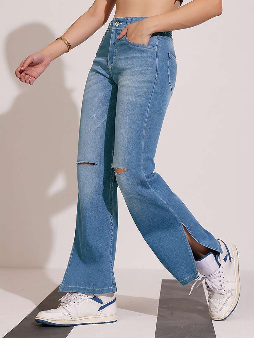 women distress wide leg mid rise blue jeans - 22433772 -  Standard Image - 2