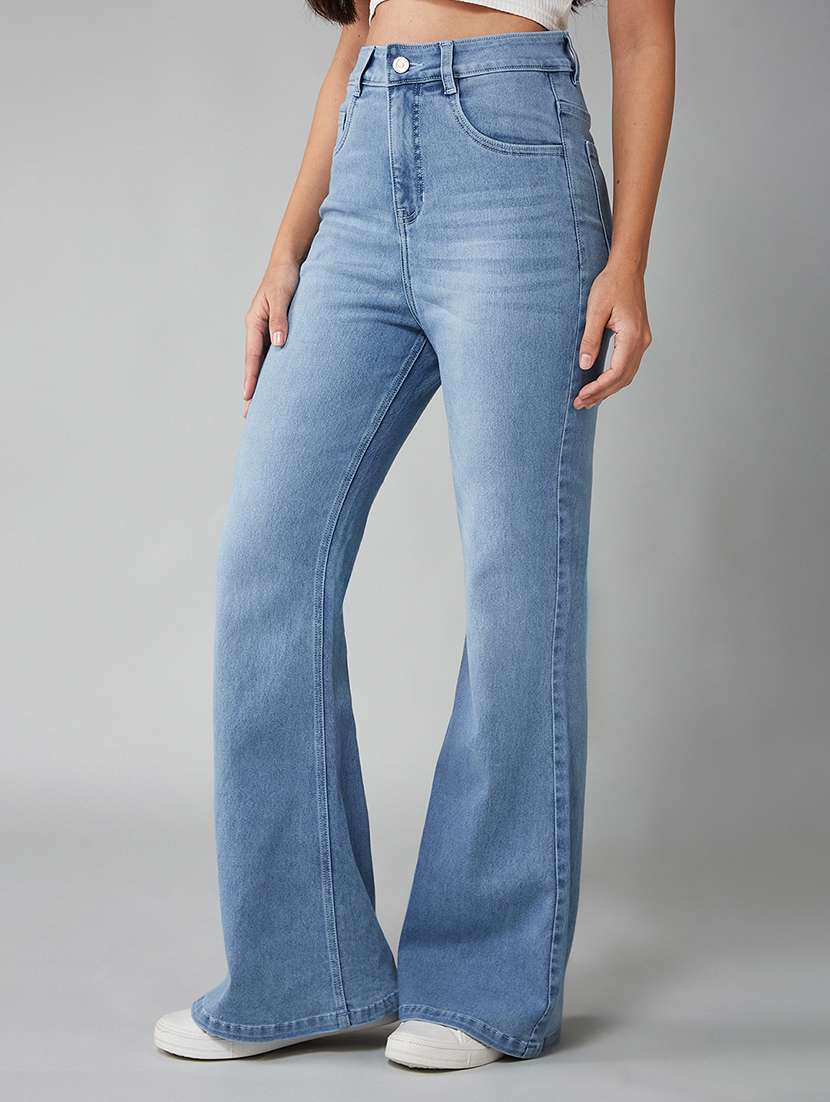 women blue cotton plain bootcut high rise jeans - 22433773 -  Standard Image - 2