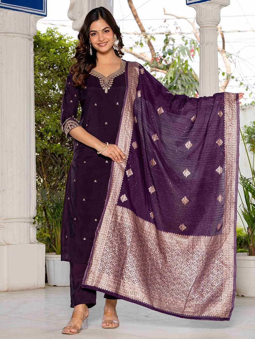 women solid with work three quarter sleeve kurta pant with dupatta set - 22433917 -  Standard Image - 2