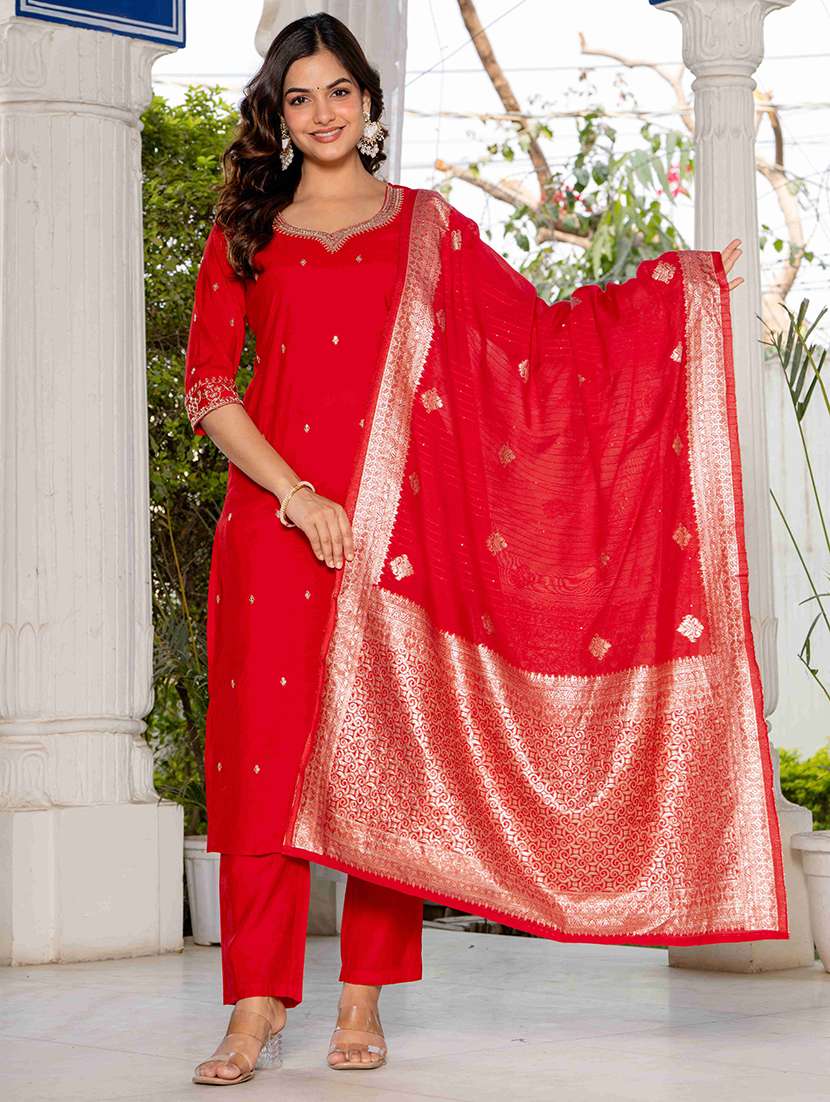 women solid with work three quarter sleeve kurta pant with dupatta set - 22433918 -  Standard Image - 2