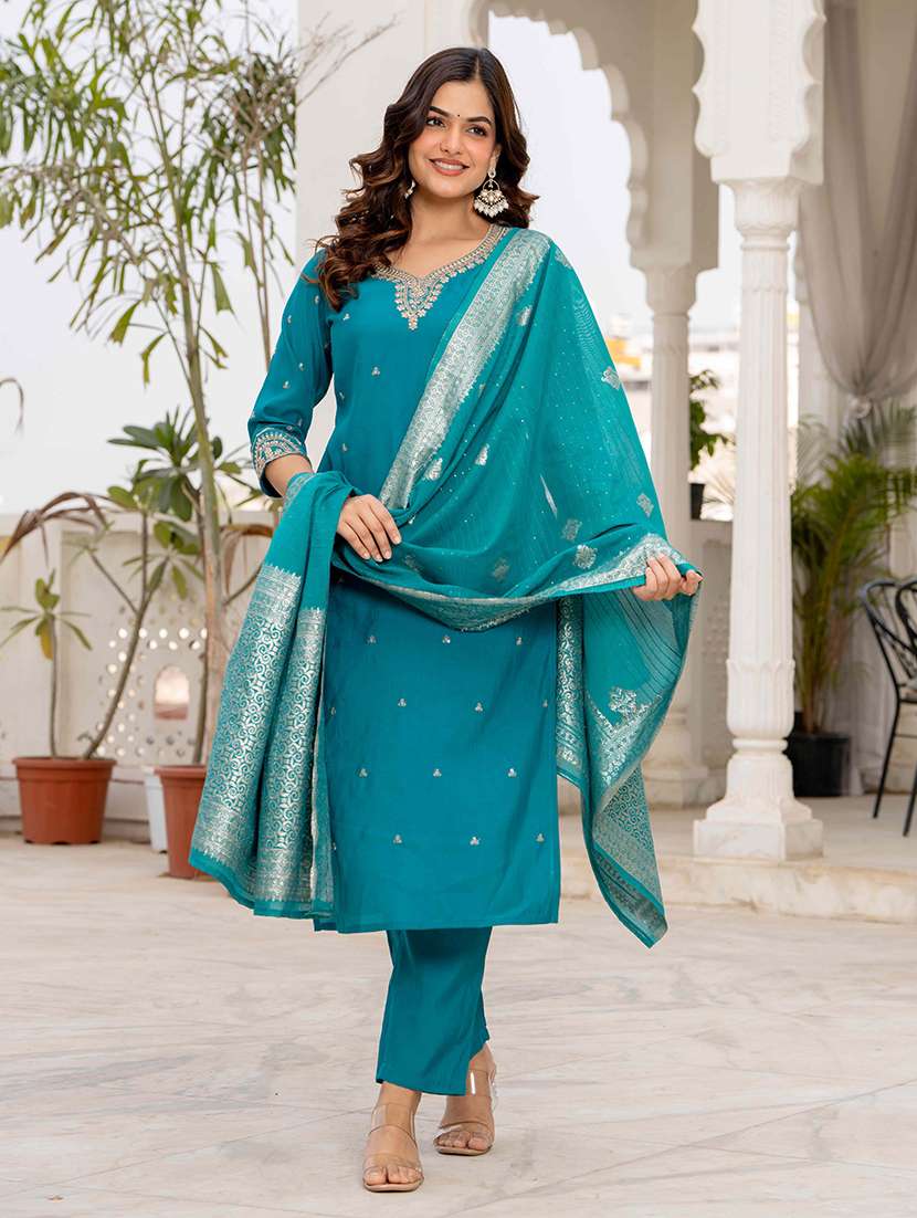 women solid with work three quarter sleeve kurta pant with dupatta set - 22433920 -  Standard Image - 2