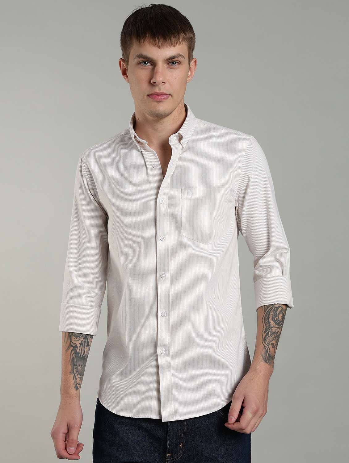 men striped long sleeve slim fit casual shirt