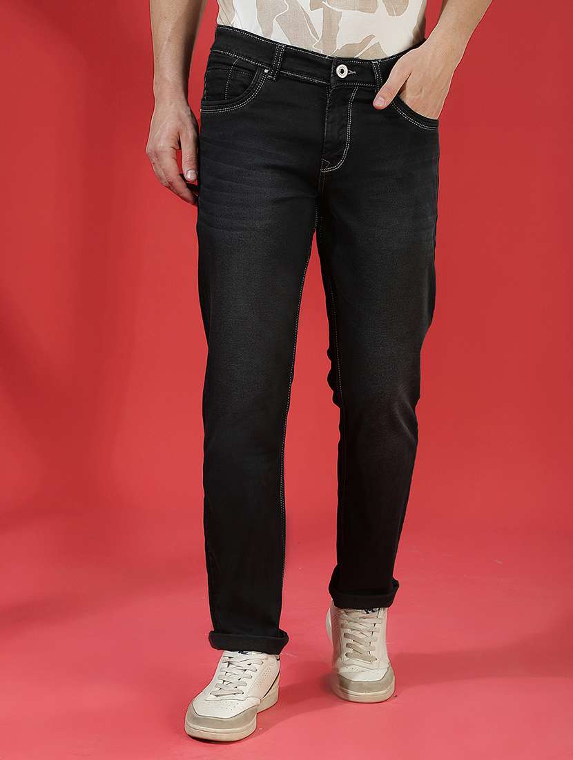 men washed mid rise full length tapered jeans