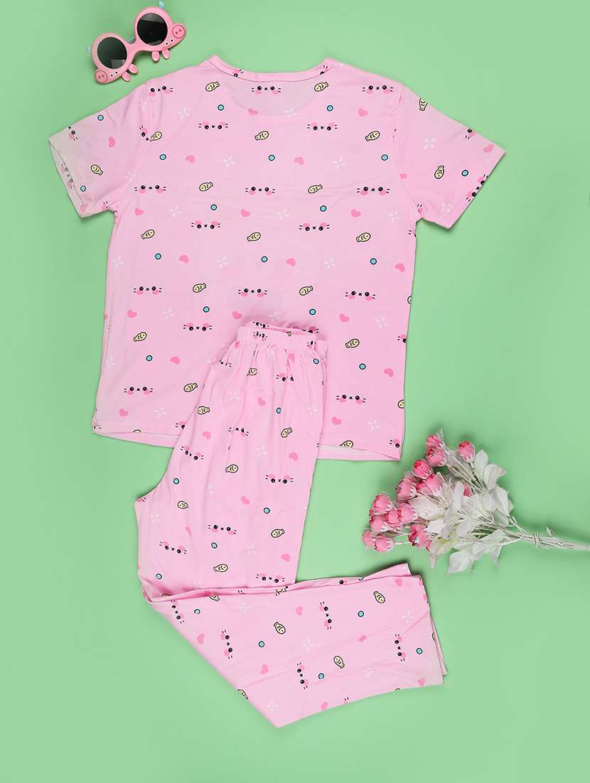 girls printed round neck top and pyjama nightwear set - 22434426 -  Standard Image - 2