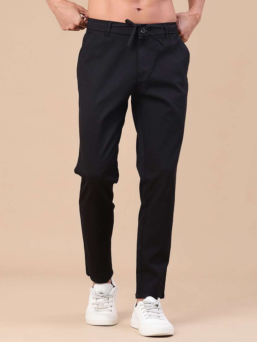 men solid mid rise flat front casual trouser