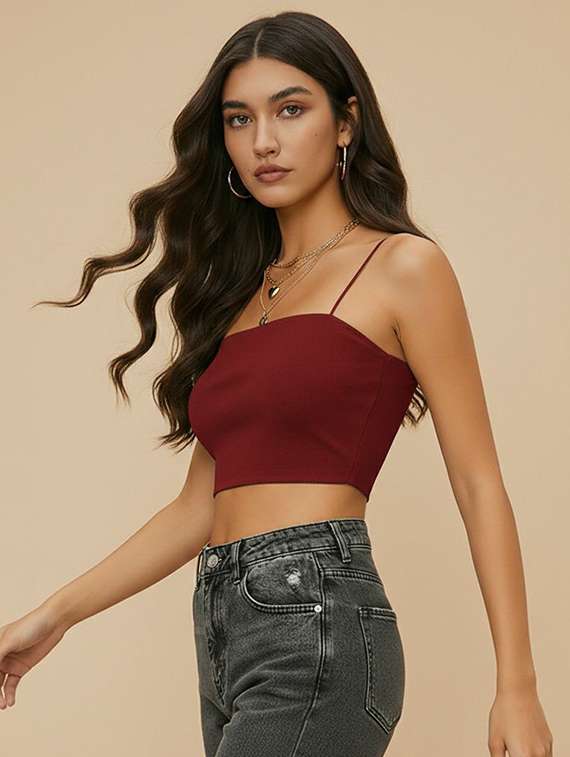 women solid shoulder strap crop top - 22434938 -  Standard Image - 2