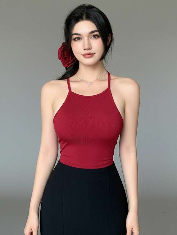 women solid halter neck crop top