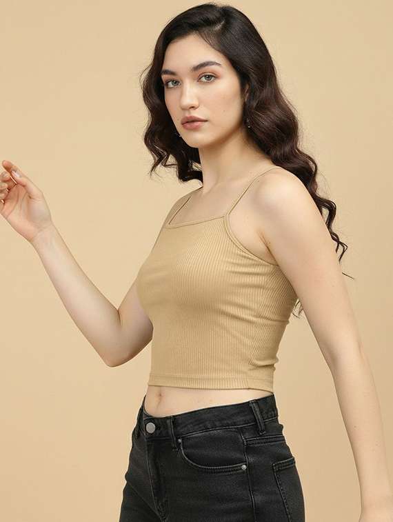 women solid shoulder strap crop top