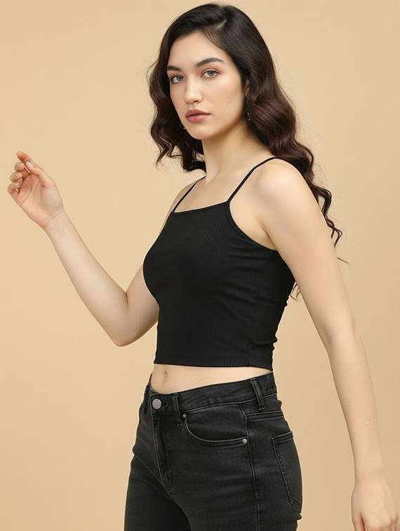 women solid shoulder strap crop top