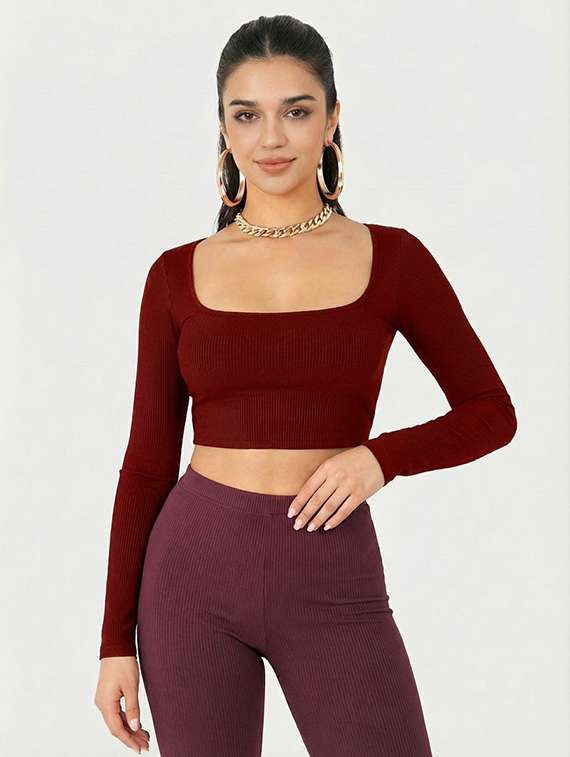 women solid long sleeve crop top