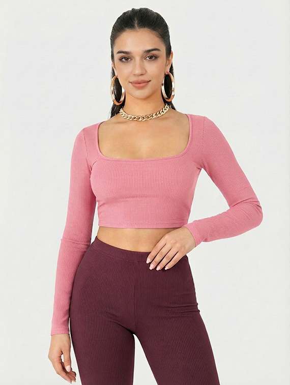 women solid long sleeve crop top