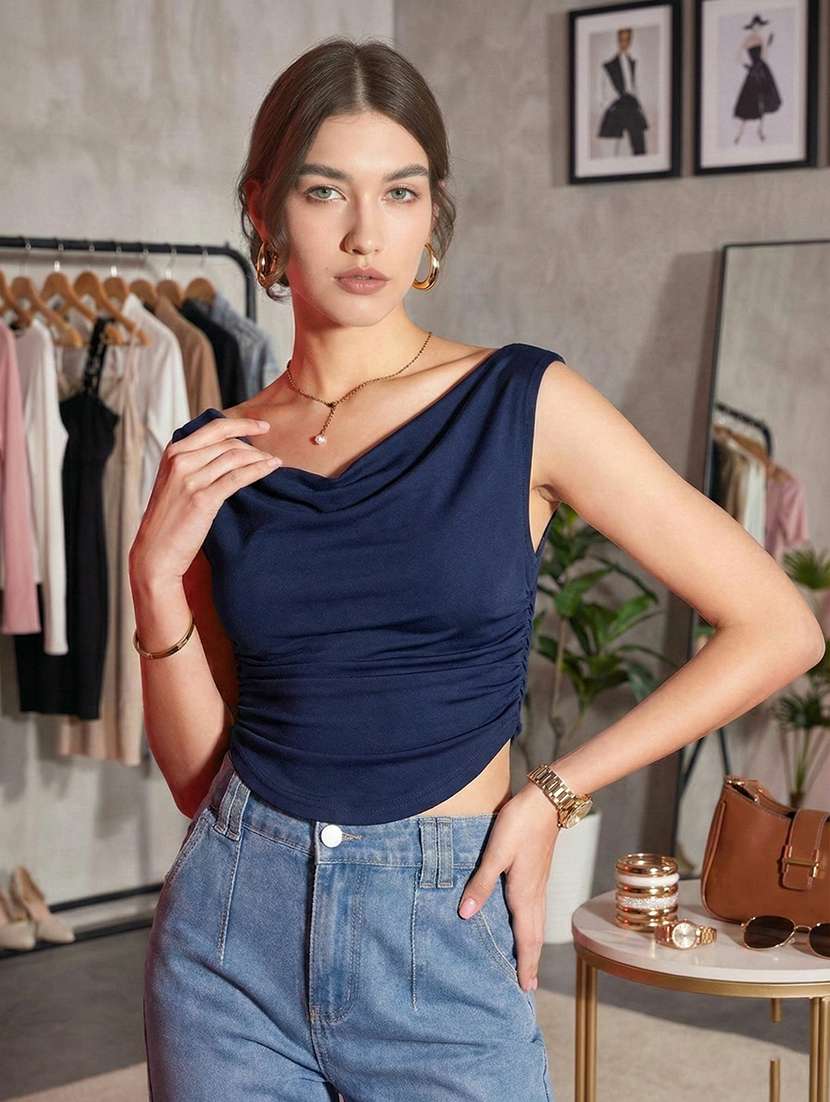 women solid cowl neck sleeveless ruched top