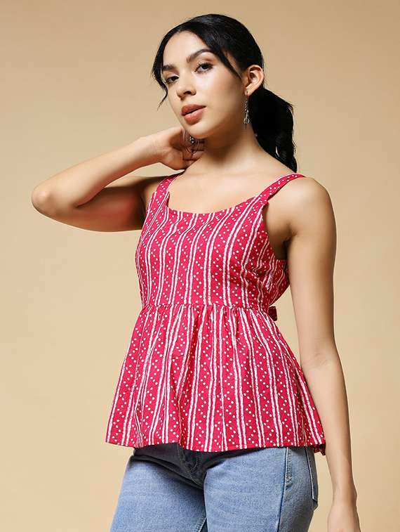women printed shoulder strap flared top