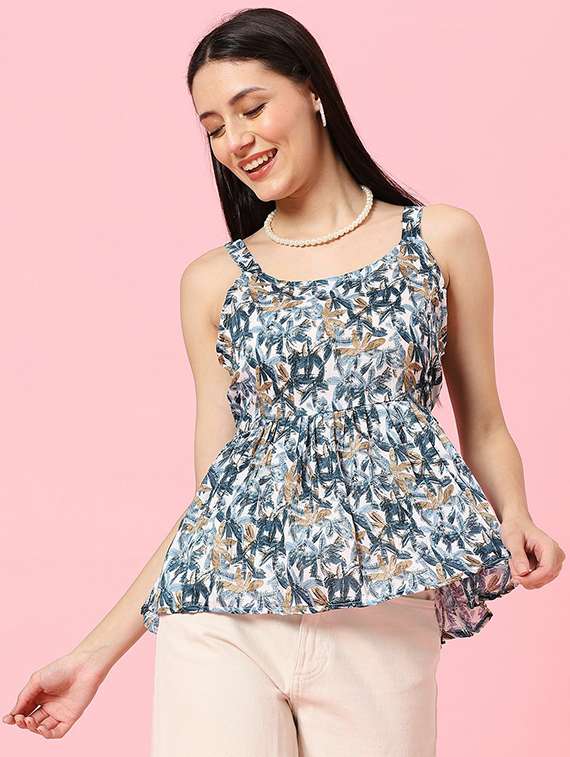 women printed shoulder strap peplum top