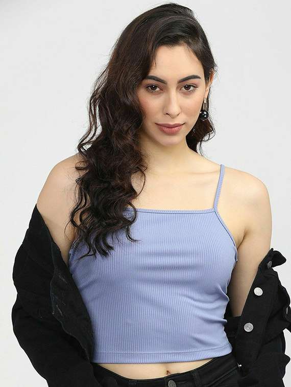women solid shoulder strap crop top