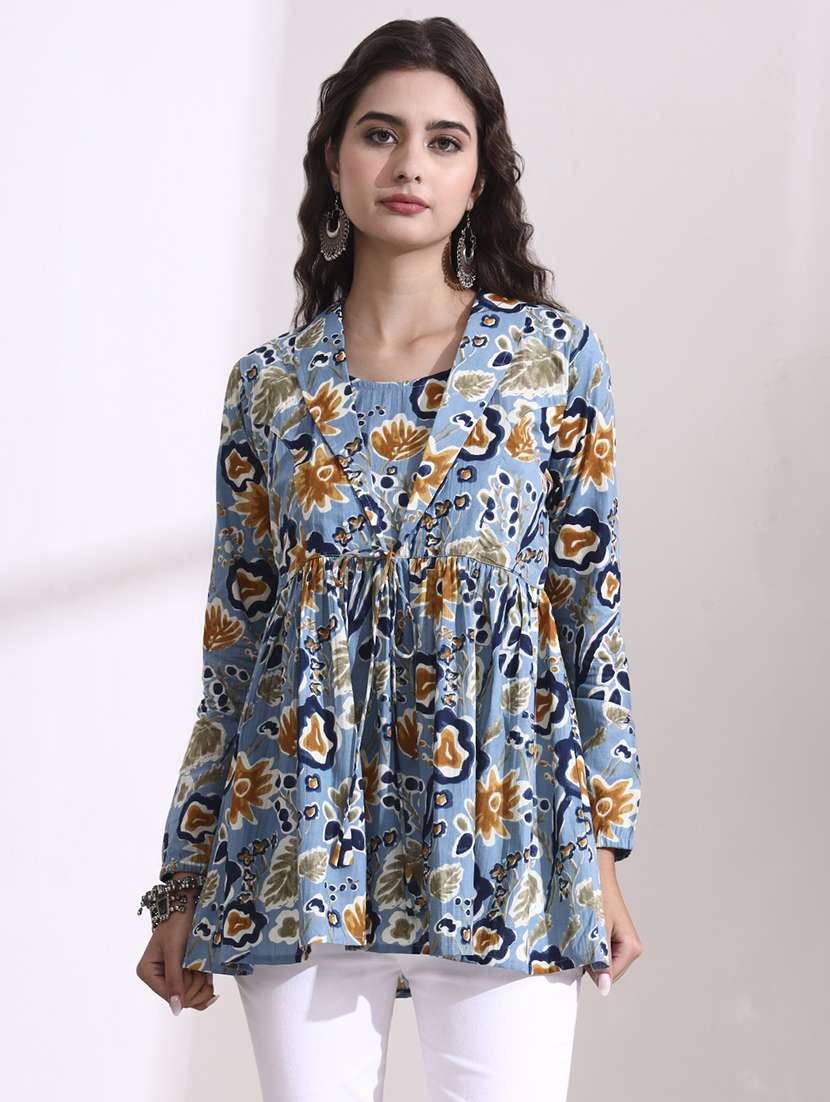 women printed blue cotton regular top