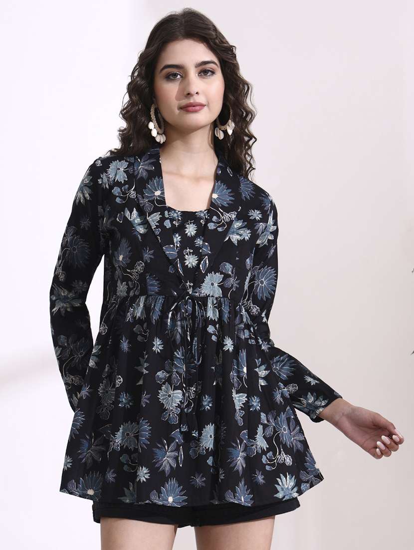 women floral black cotton regular top