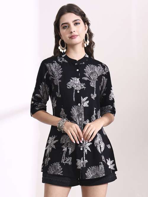 Women Printed Black Rayon Regular Top
