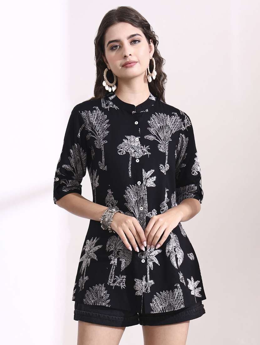 women printed black rayon regular top