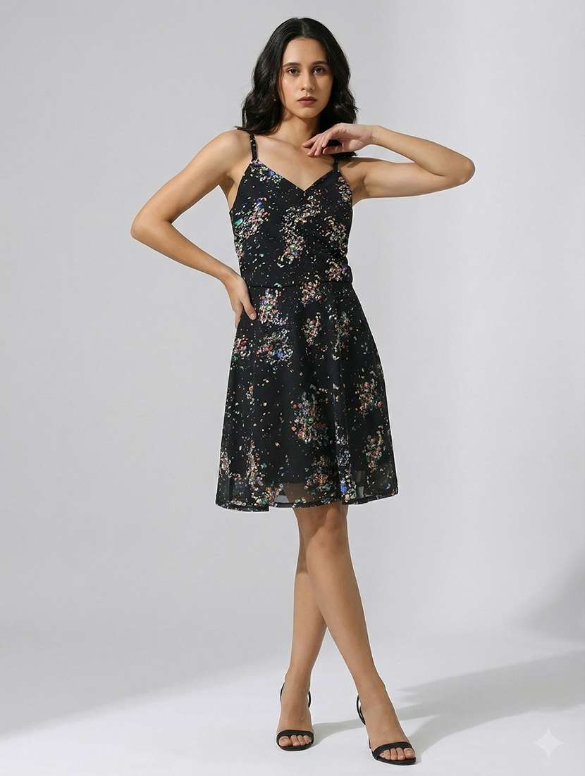 women floral print shoulder strapfit & flare dress