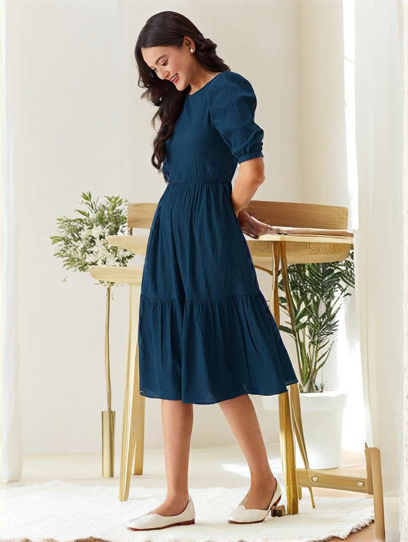 women solid puff sleeve tiered dress - 22436113 -  Standard Image - 2