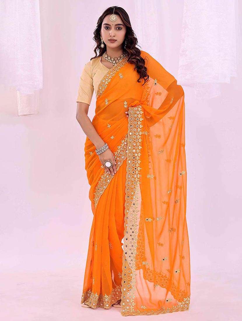 women solid with work embroidered saree with blouse