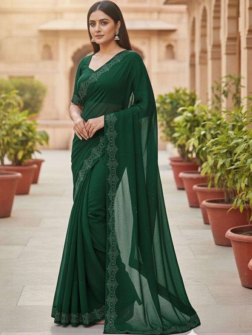 women solid with embellished bordered saree with blouse