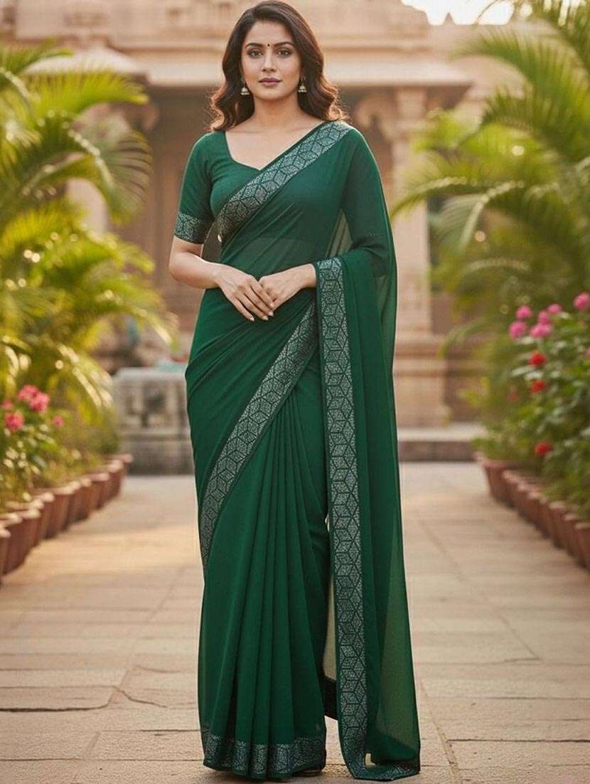 women solid with bordered saree with blouse