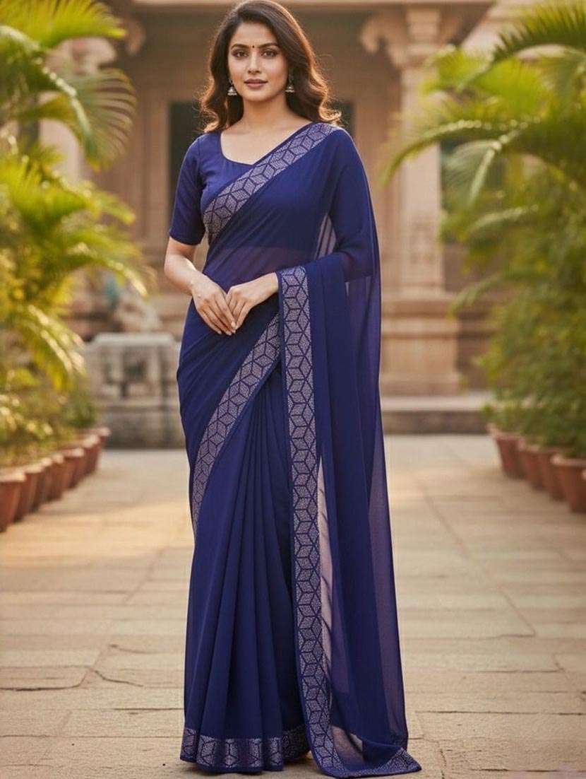 women solid with bordered saree with blouse