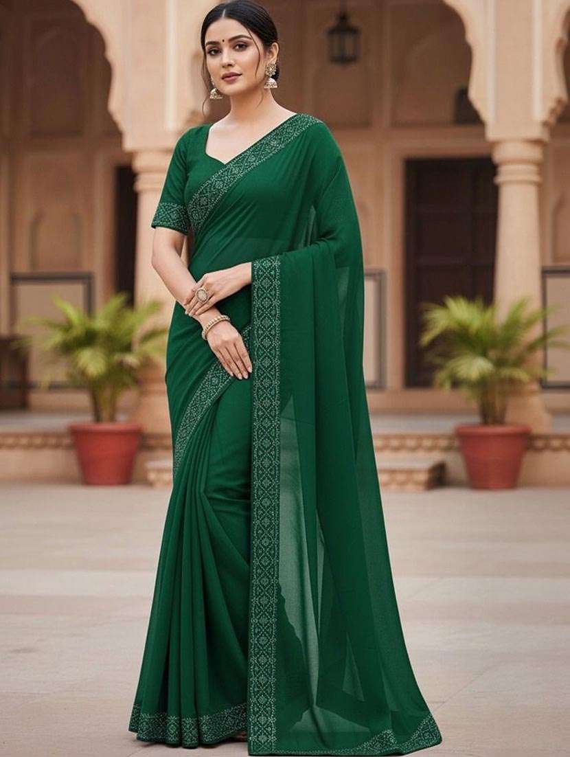 women solid with embellished bordered saree with blouse