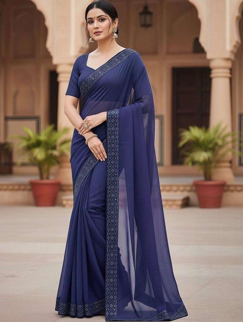 women solid with embellished bordered saree with blouse