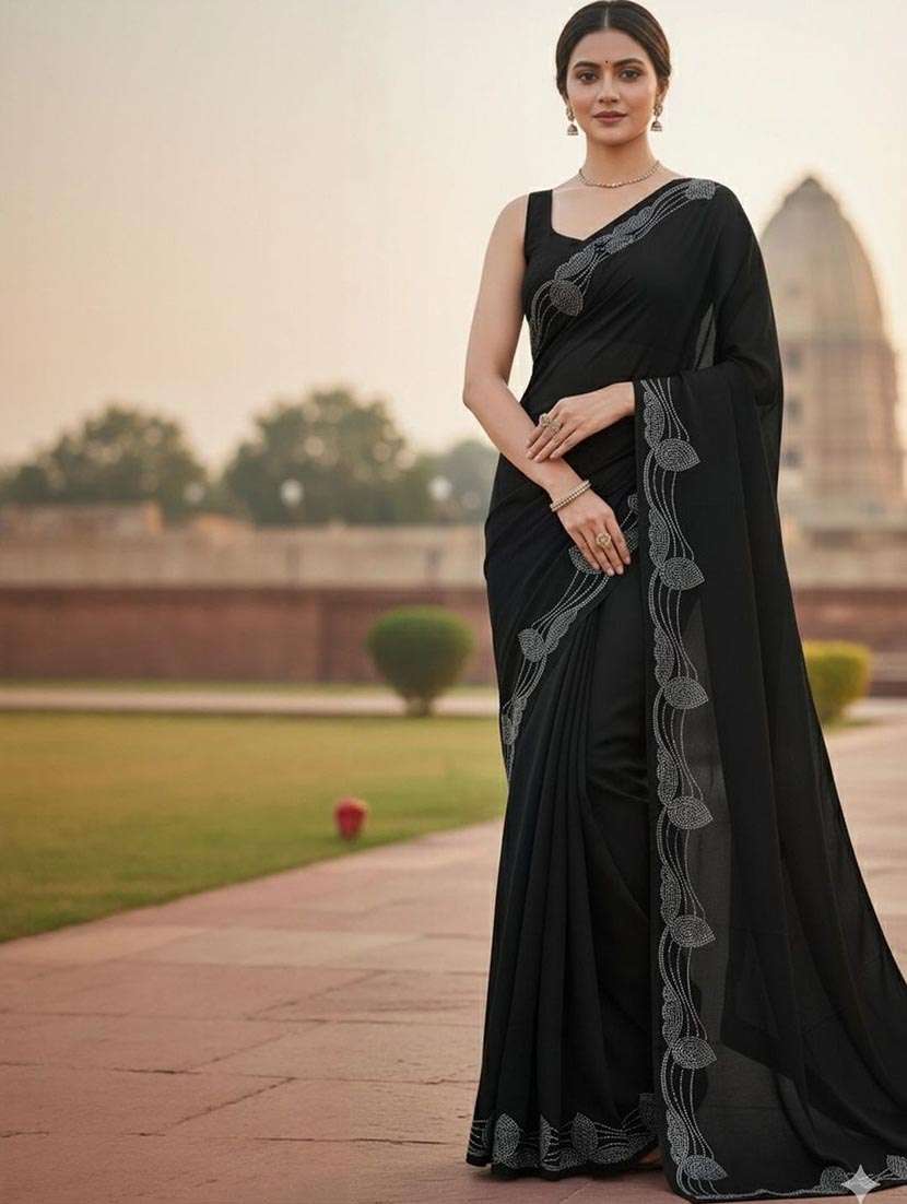 women solid with embellished bordered saree with blouse