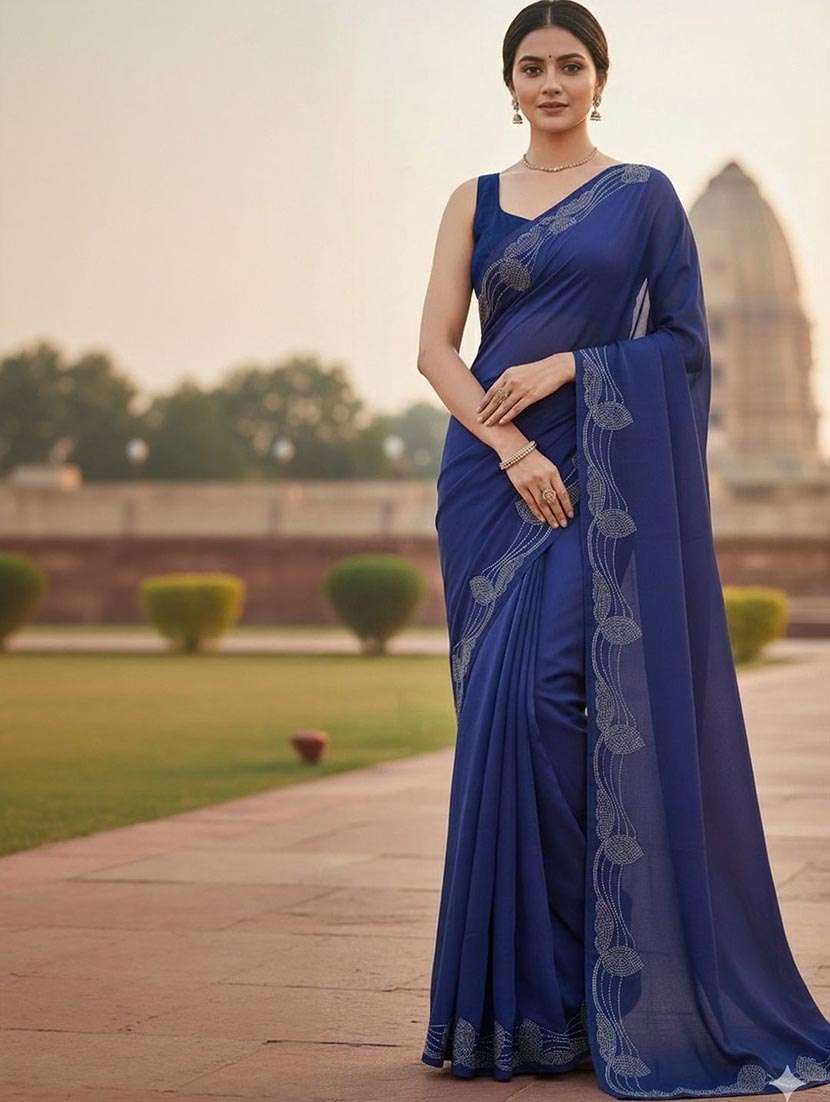 women solid with embellished bordered saree with blouse