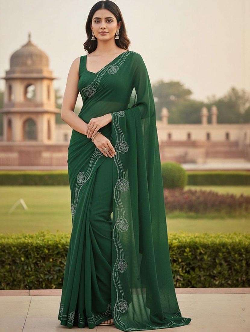 women solid with embellished bordered saree with blouse