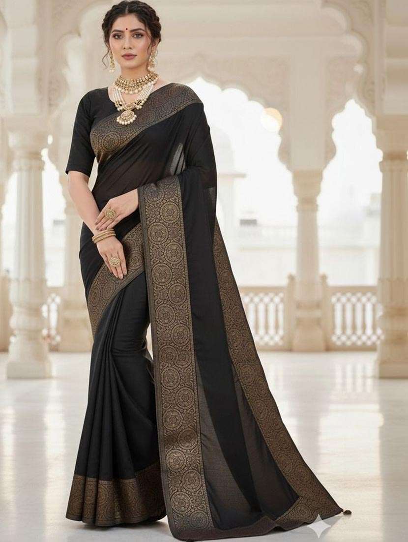 women solid with bordered saree with blouse