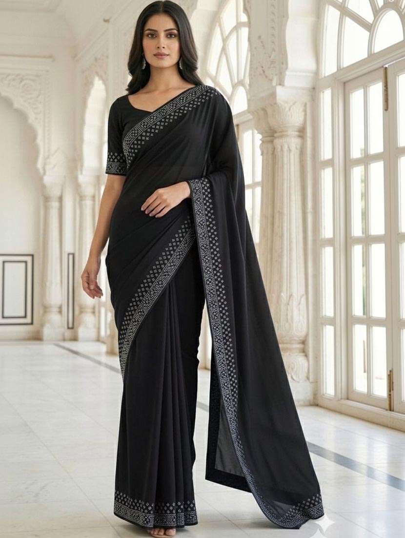 women solid with embellished bordered saree with blouse