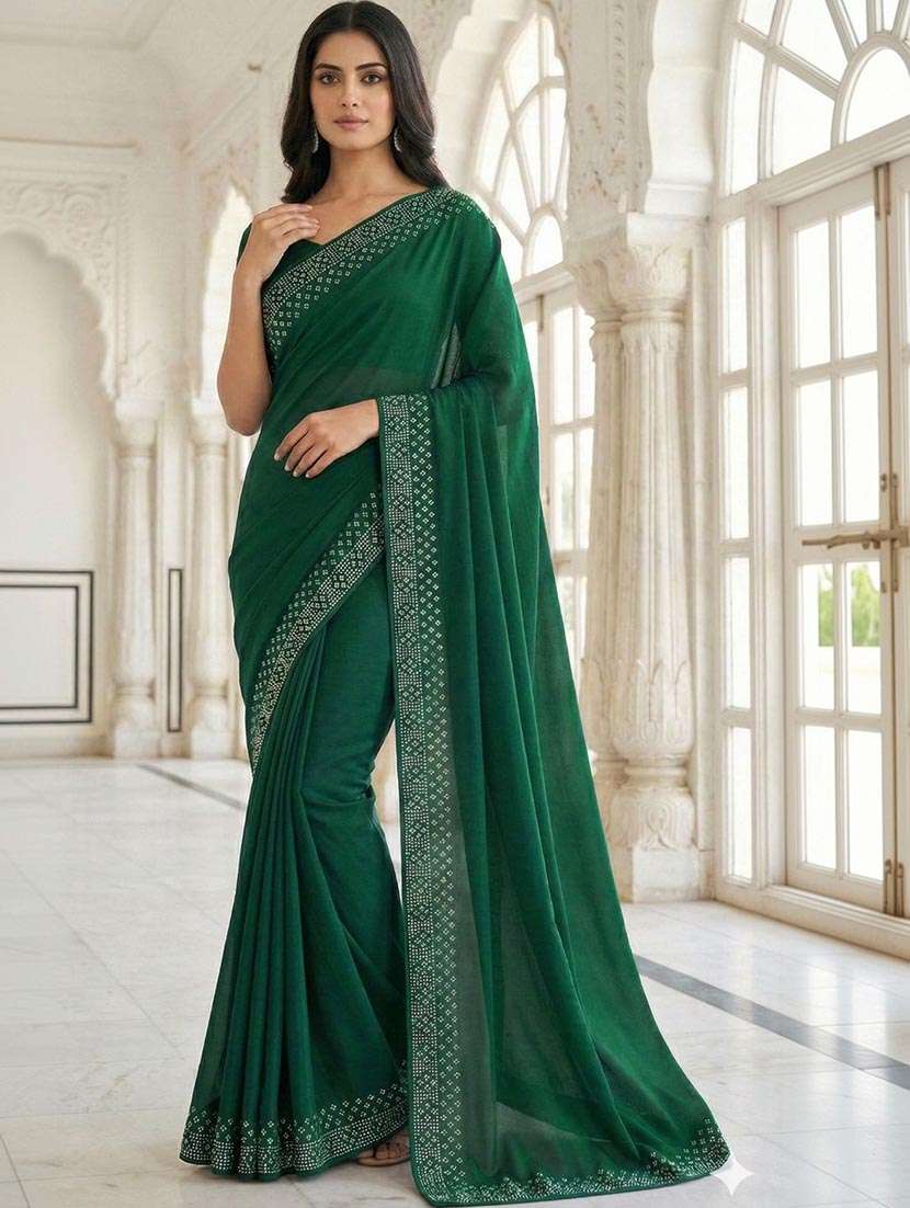 women solid with embellished bordered saree with blouse