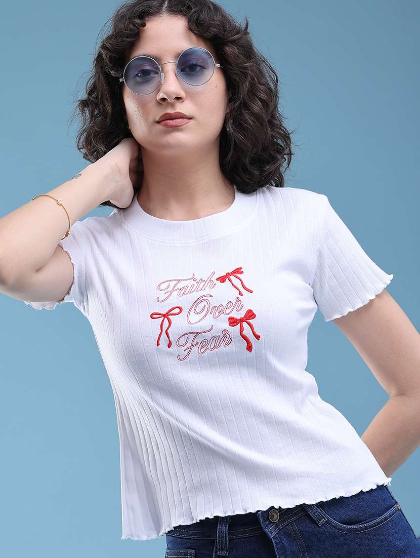 women embroidered round neck regular t-shirt