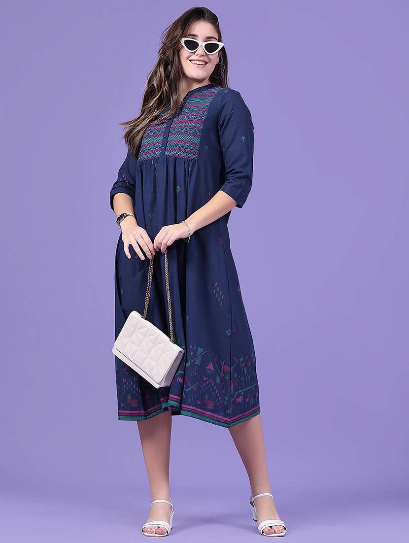 women printed three quarter sleeves a-line dress