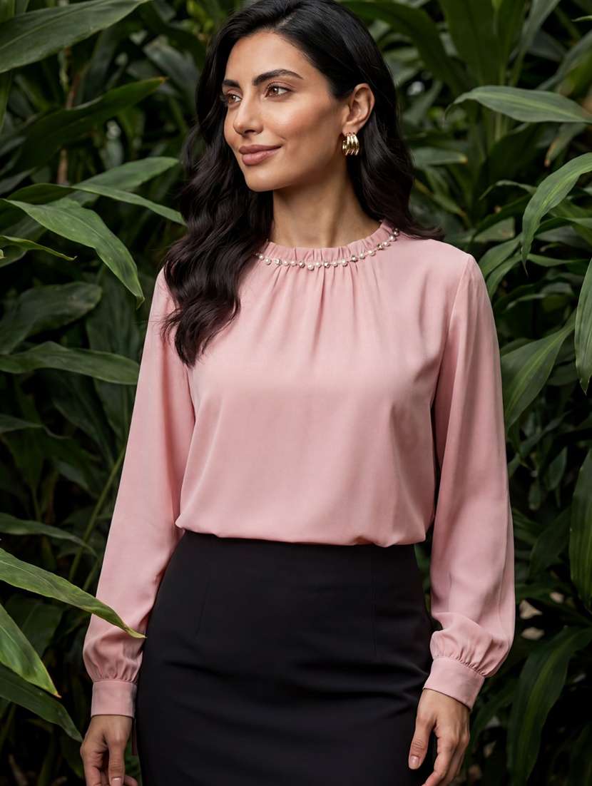 pink polyester top with pearl embellishment